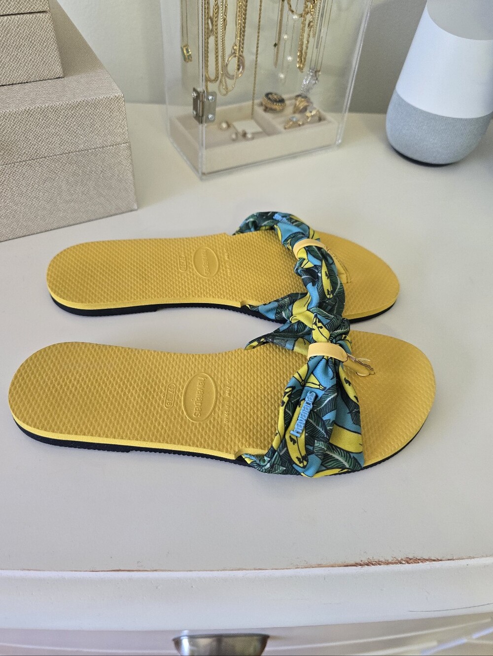 Havaianas Yellow Slide Sandals with Tropical Print Knot Strap